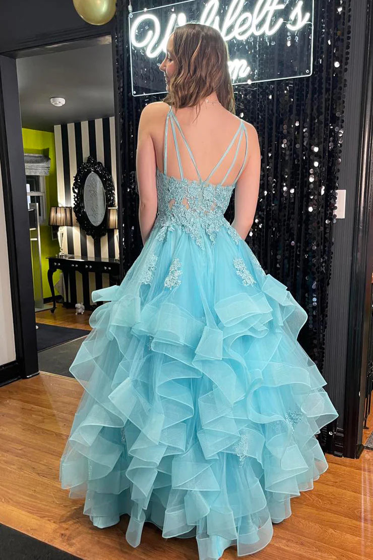 OKBBN A-line V-neck ruffle side length dance dress with stickers