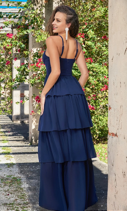 OKBBN Elegant Lotus Leaf Edge length V-neck Thin Strap Ball Dress