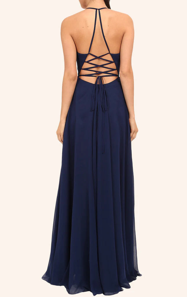 OKBBN V-neck long formal ball dress with slit and thin shoulder strap