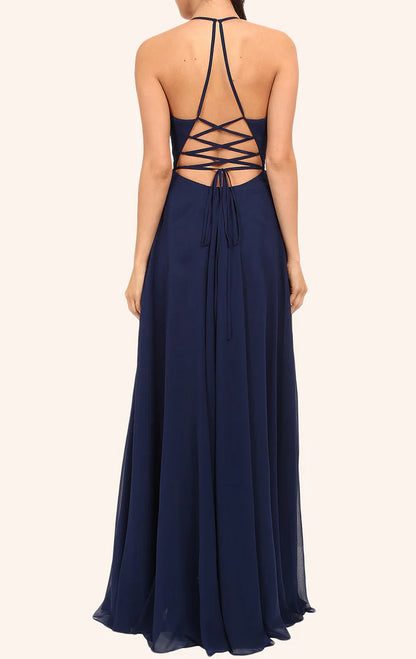 OKBBN V-neck long formal ball dress with slit and thin shoulder strap