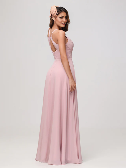 OKBBN sexy scarf collar pleated chiffon slit bridesmaid dress