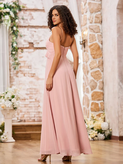 OKBBN slim shoulder strap A-line chiffon bridesmaid dress