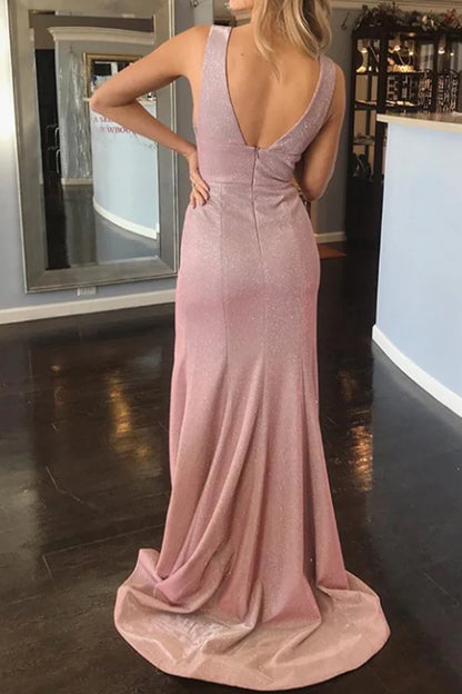 OKBBN V-neck tight fitting extra long slit formal ball dress with suspender straps