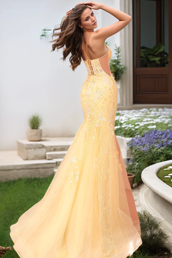 OKBBN Elegant Tight V-neck Thin Strap Sleeveless Full Decal Lace Ball Dress