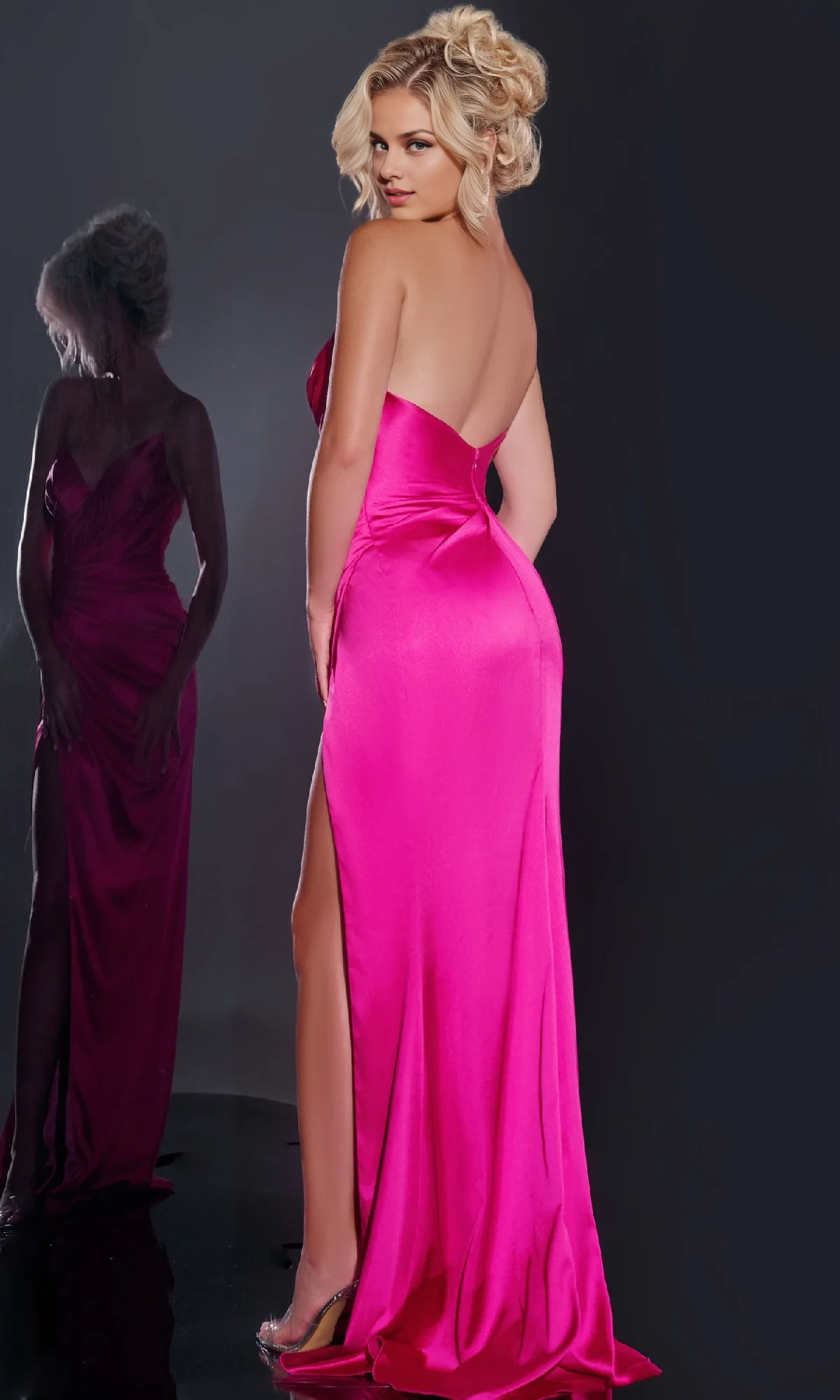 OKBBN strapless long imitation wrap style high slit dance dress