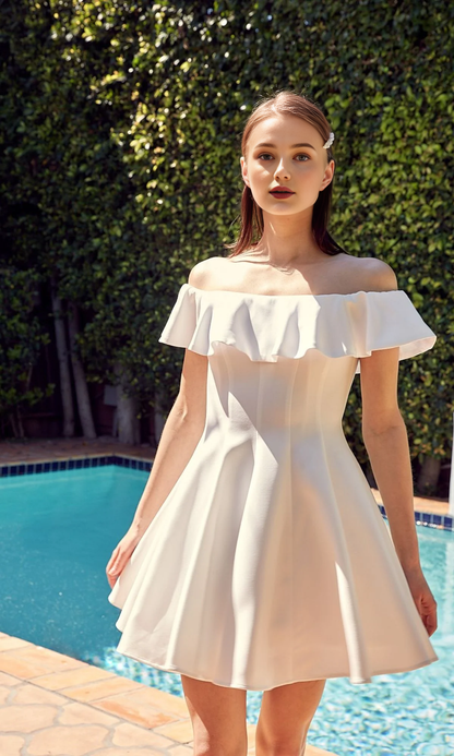 OKBBN Elegant Off Shoulder Short Ruffle Close Fit Waist Sweet yet Elegant Back to School Dress