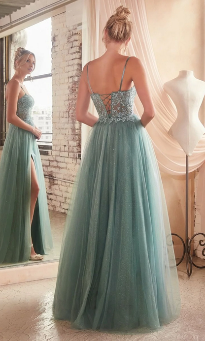 OKBBN Elegant Transparent Waist Long Sparkling Chiffon Ball Dress