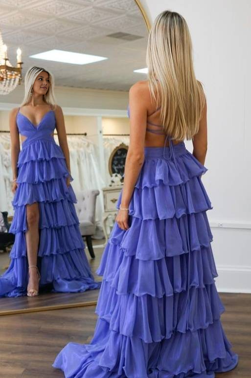 OKBBN Cute A-line V-neck Ruffle Layered Chiffon Split Ball Dress