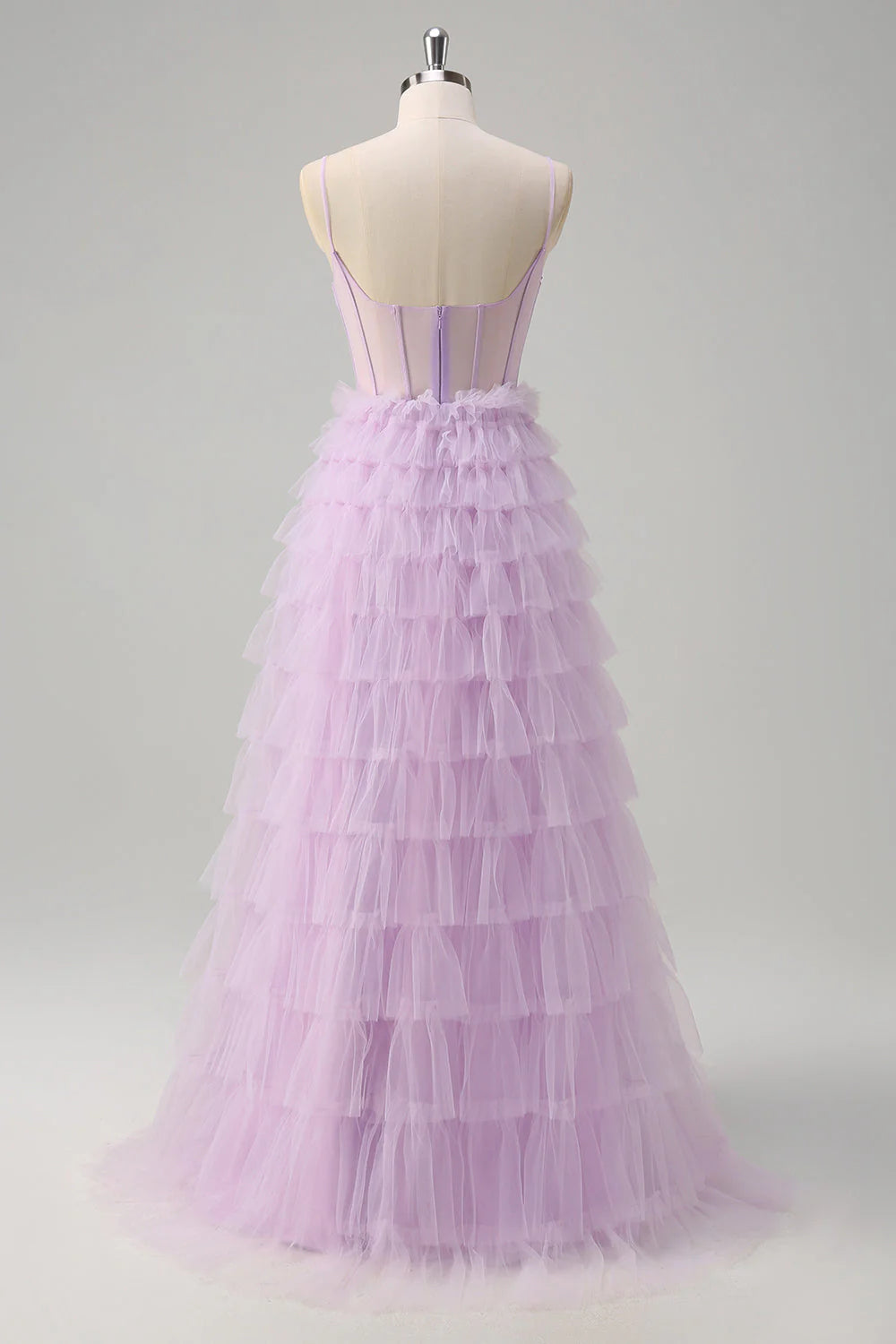 OKBBN A-line thin shoulder strap transparent tight corset layered long layered ballroom dress