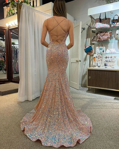 OKBBN Cute Mermaid V-neck Velvet Glitter Long Ball Dress