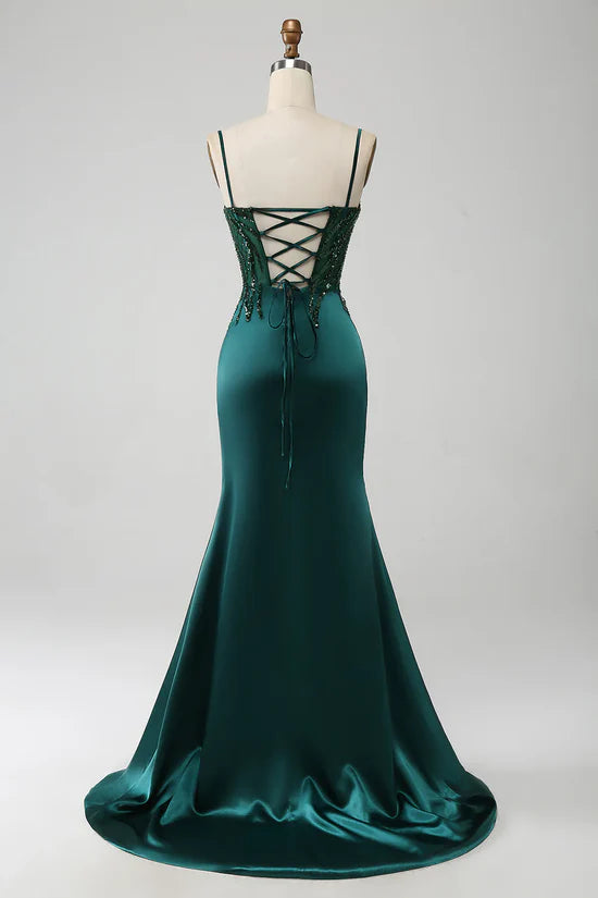 OKBBN mermaid sequin pleated tight corset slit ball dress