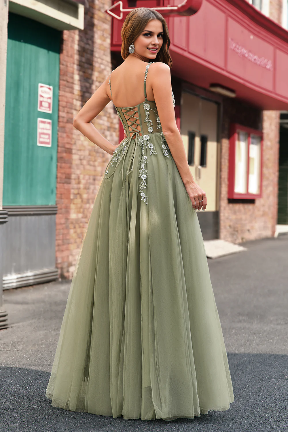 OKBBN chiffon thin shoulder strap A-line tight corset long ball dress