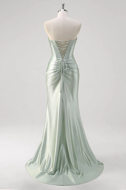OKBBN mermaid off shoulder pleated satin tight corset long slit evening gown