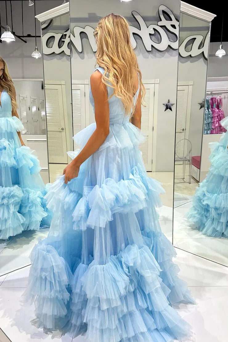 OKBBN A-line V-neck layered chiffon long ball gown