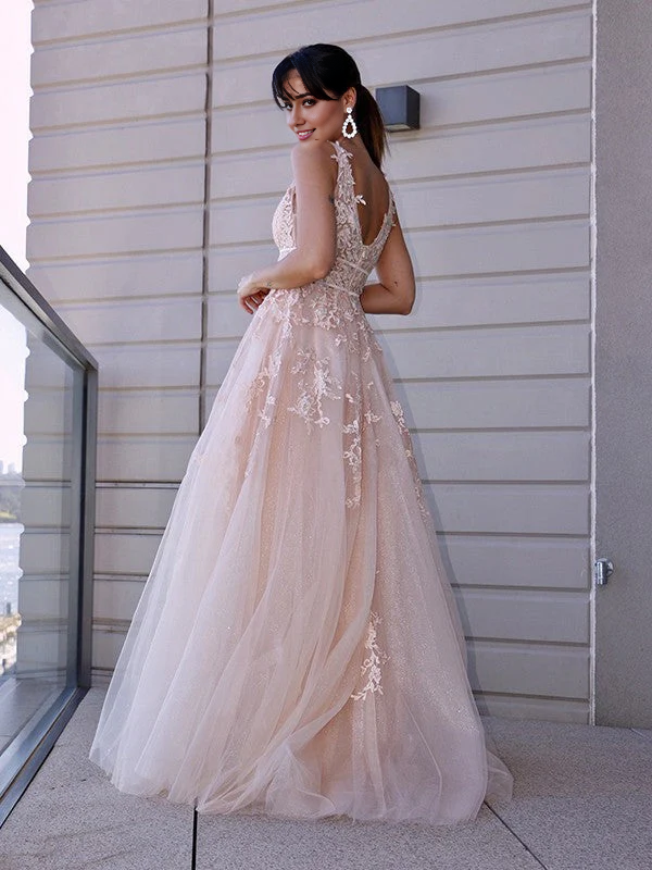 OKBBN A-line elegant chiffon applique round neck sleeveless ball gown