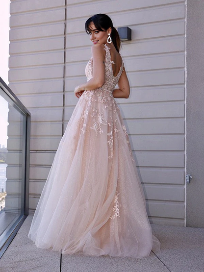 OKBBN A-line elegant chiffon applique round neck sleeveless ball gown