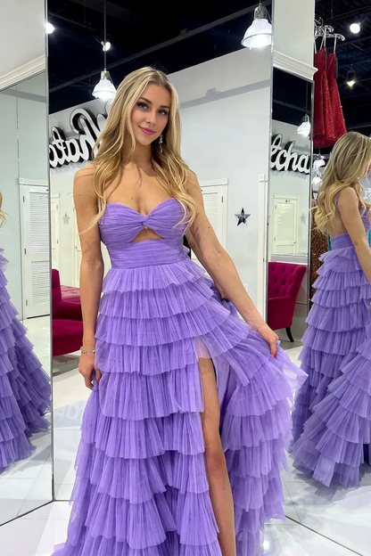 OKBBN Sweetheart Lock Hole ruffle edge sheer slit long ball dress