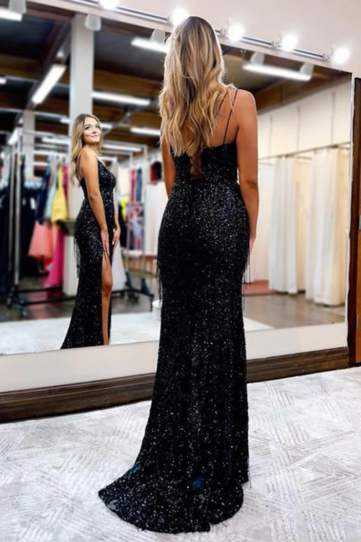 OKBBN Mermaid V-neck Velvet Sparkle Split Long Ball Dress
