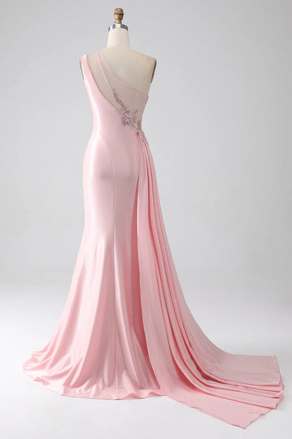 OKBBN Mermaid One Shoulder sequin applique pleated slit long dance dress