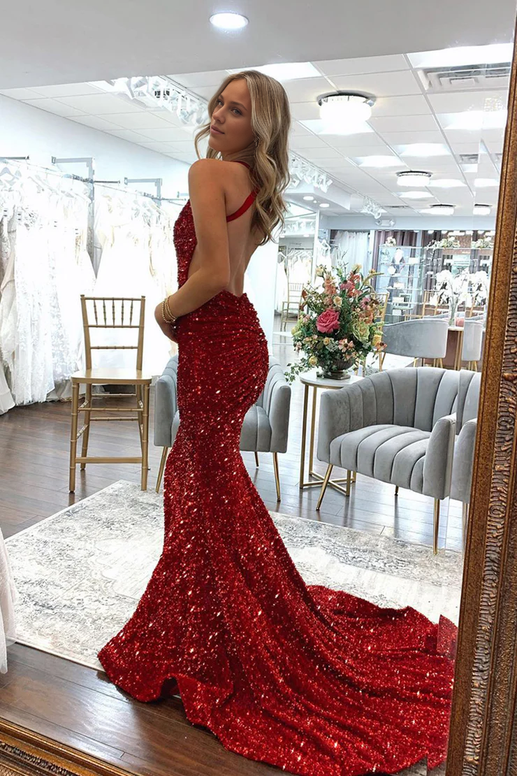 OKBBN Sparkling Mermaid V-neck Glitter Long Ball Dress