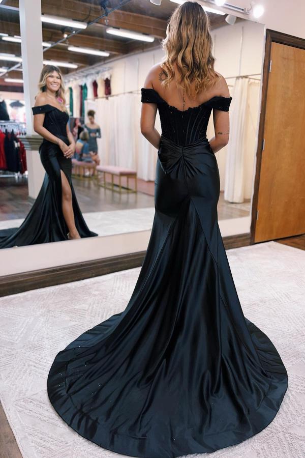 OKBBN off shoulder mermaid satin lace slit long ball dress