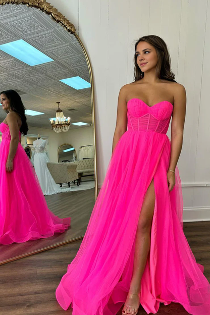 OKBBN Cute A-Shape Sweetheart Chiffon Split Long Ball Dress