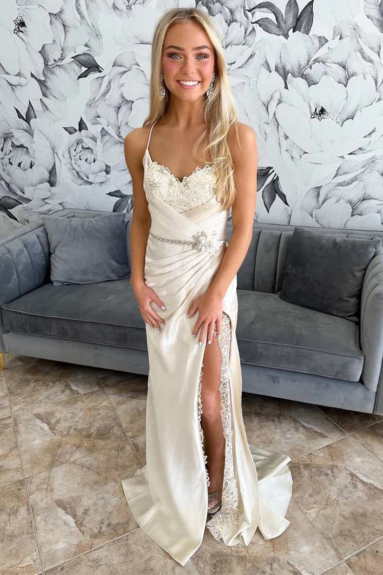Satin Lace Belted Ruching Long Bridal Gown with Slit