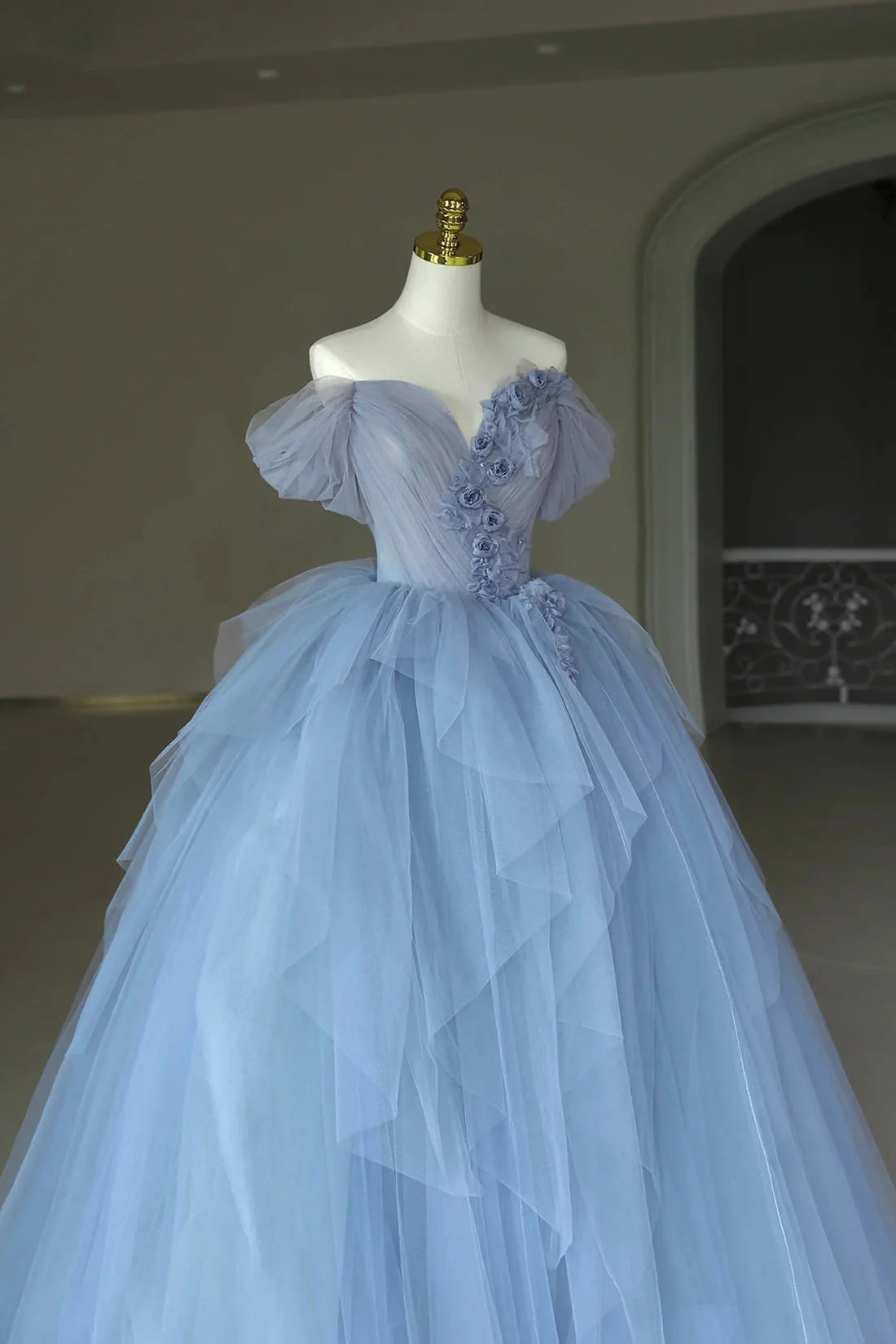 OKBBN elegant chiffon and floral off shoulder ball gown