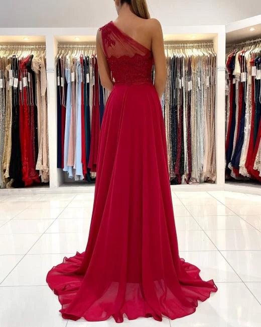 OKBBN One Shoulder and Floor Long Sleeveless Long Dress with Front Split Ball Dress