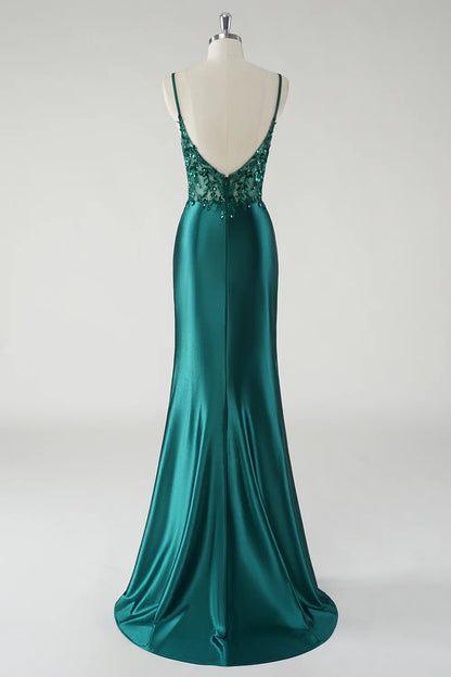 OKBBN Elegant Fine Strap Floral Satin Split Evening Dress
