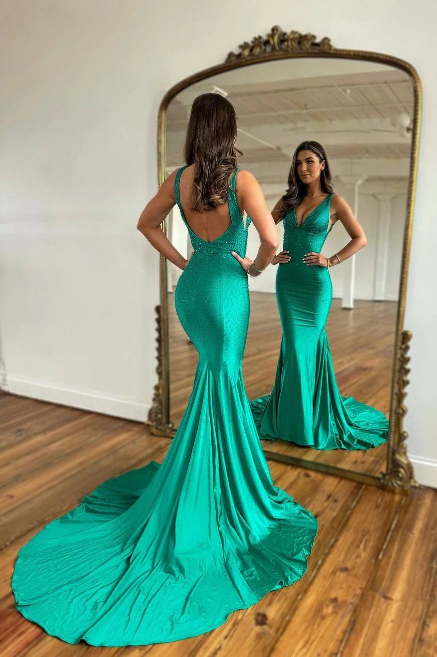 OKBBN Long Mermaid V-neck Bareback Satin Formal Ball Dress