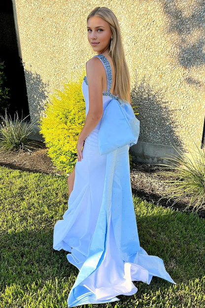 OKBBN Charming Mermaid Round Neck Satin Long Ball Dress