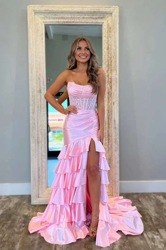 OKBBN Charming Mermaid Off Shoulder Pink Satin Long Ball Dress