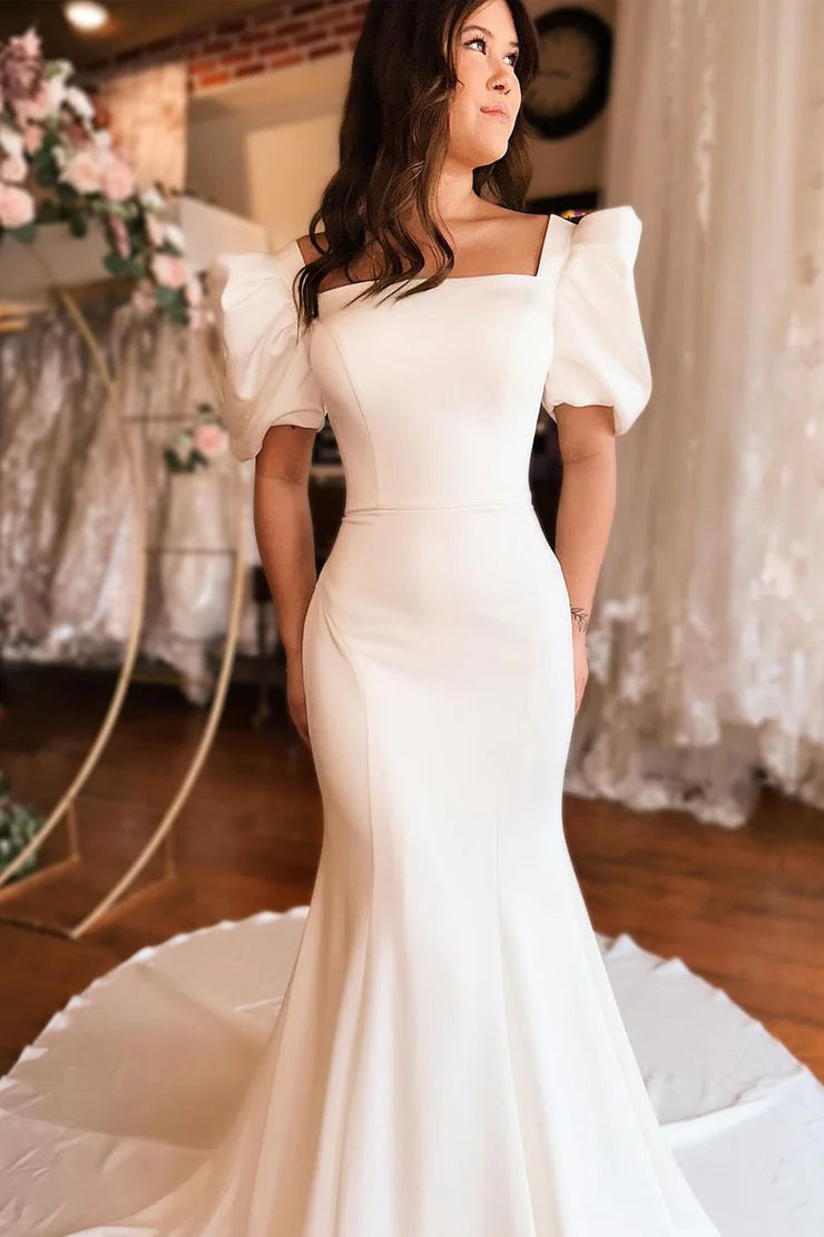 OKBBN Charming Mermaid Square Neck Satin Long Ruffle Ball Dress