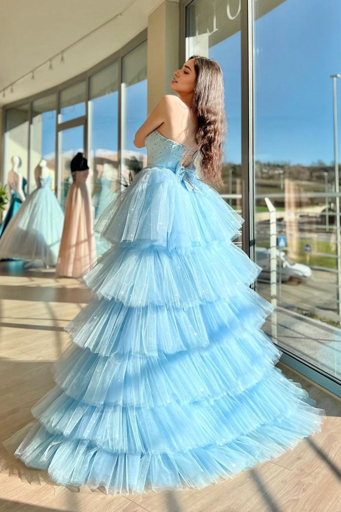 OKBBN Sweetheart Collar Chiffon Long and Beautiful A-line High and Low Ball Dress