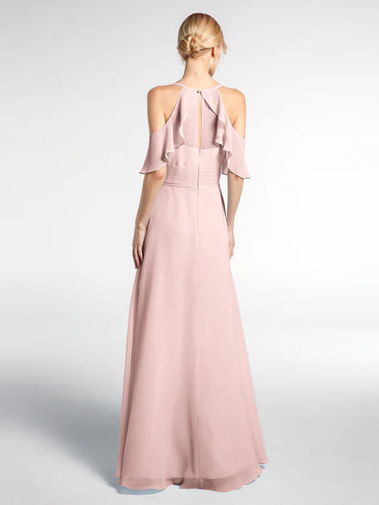 OKBBN slim shoulder strap high waisted ruffled hem slim fit bridesmaid dress