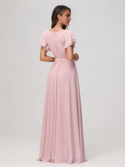 OKBBN boat shaped collar with floating sleeves and floor bridesmaid dress