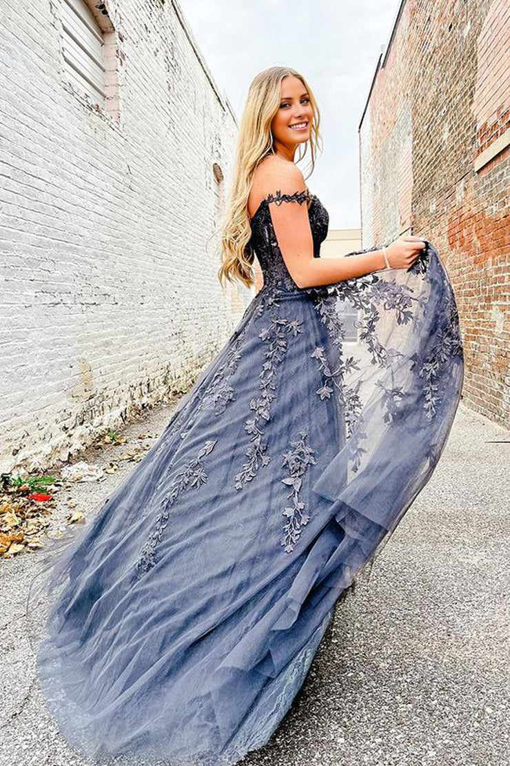 OKBBN charming A-line sweetheart chiffon lace slit long dress