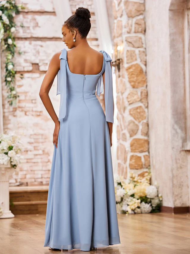 OKBBN Double Bow Shoulder Strap Square Neck Chiffon Split Bridesmaid Dress