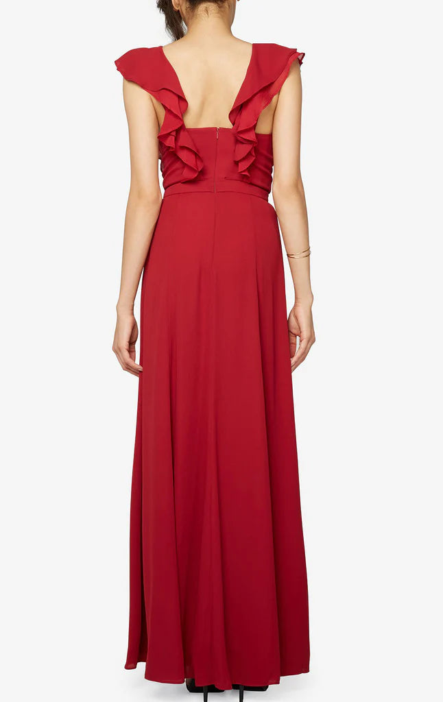 OKBBN V-neck Chiffon Long Ruffle Ball Dress with Strap