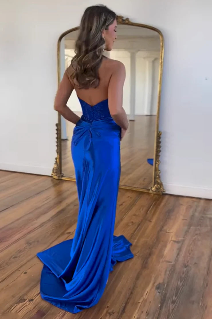 OKBBN Charming Mermaid V-neck Satin Long Lace Ball Dress