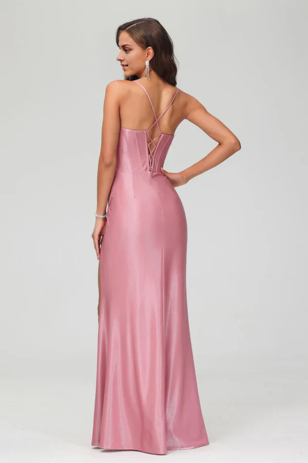 OKBBN minimalist tight fitting off shoulder suspender sleeveless pleated high side slit dance dress