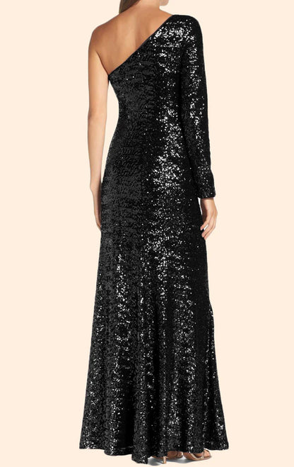 OKBBN One Shoulder Long Sleeve Glitter Formal Ball Dress