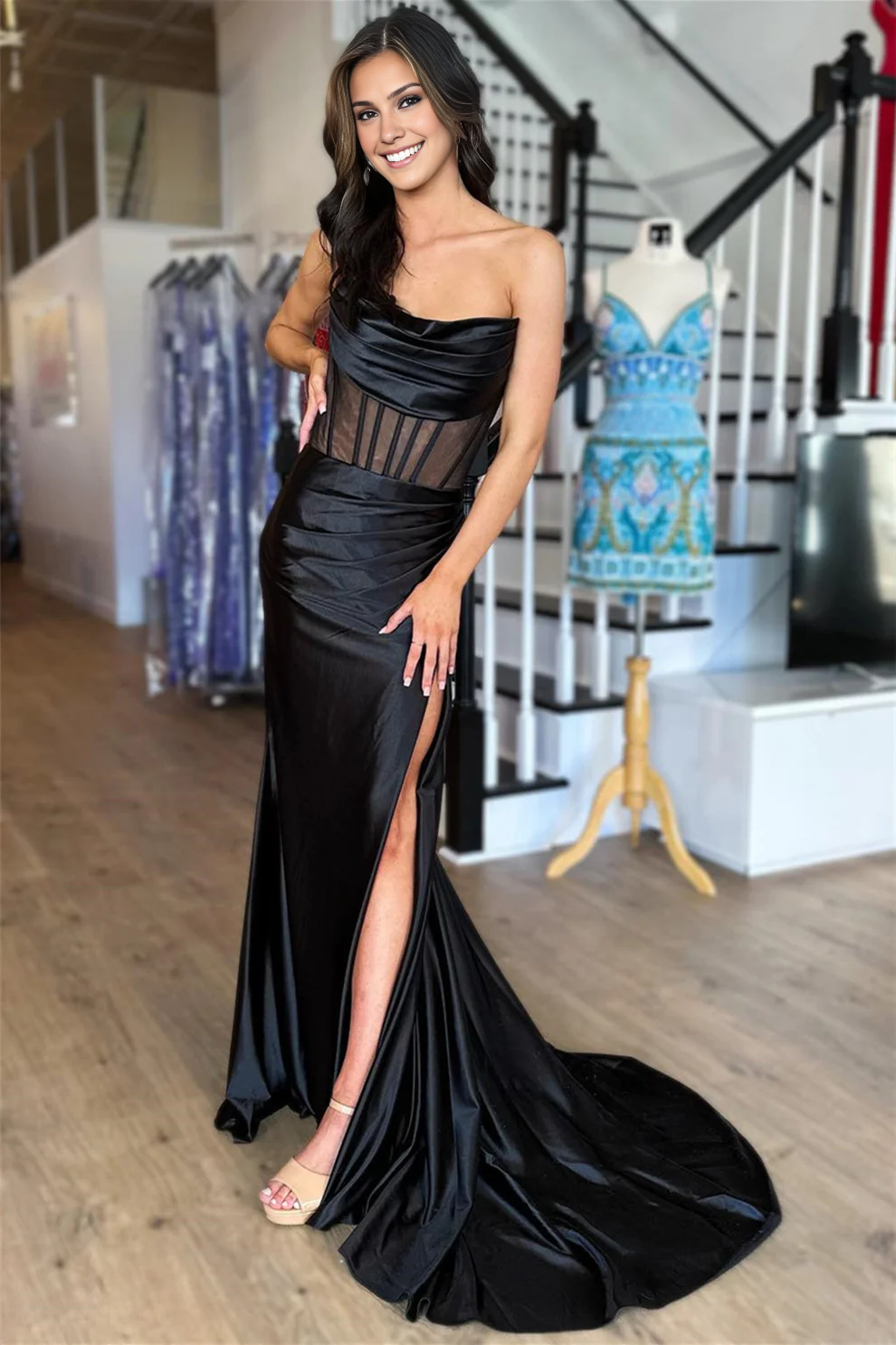 OKBBN off shoulder pleated rubber bone see through slit long ball gown