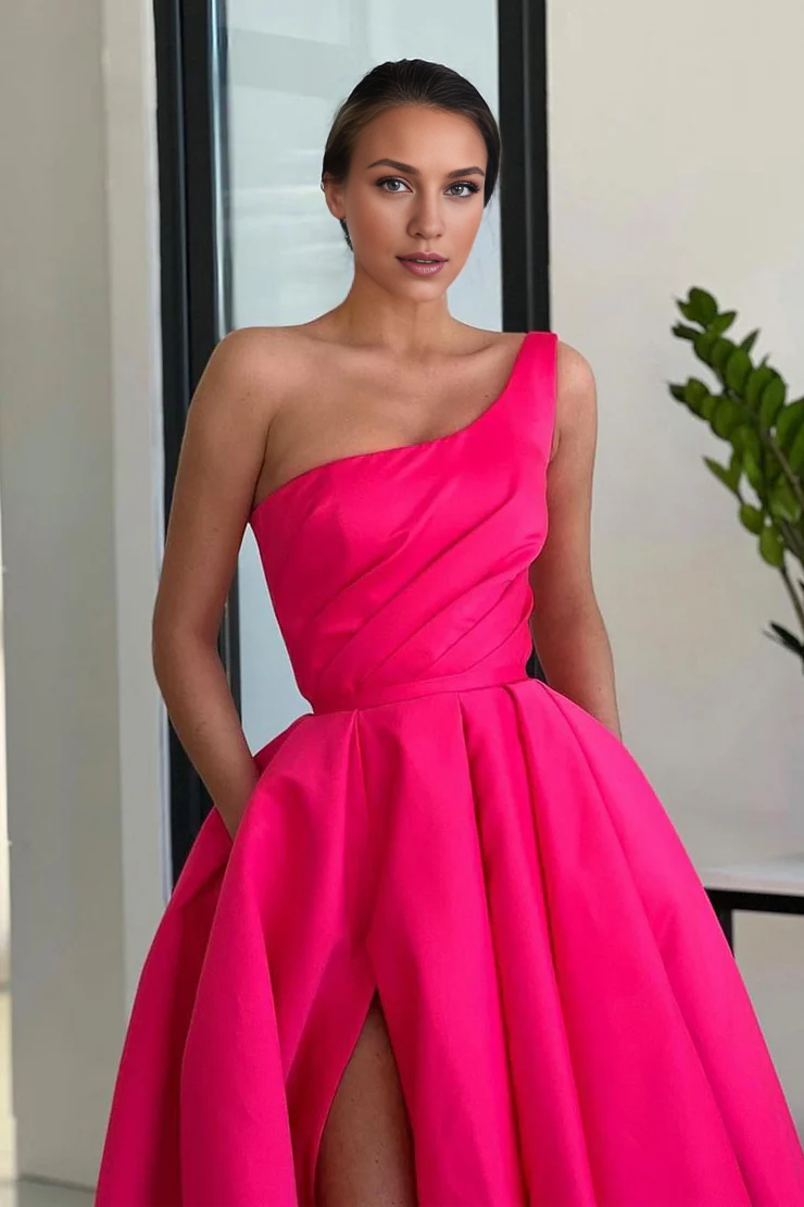 OKBBN Charming A-line Single Shoulder Satin Long Split Ball Dress
