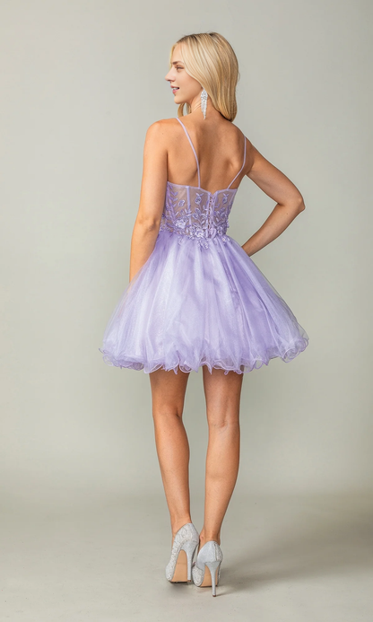 OKBBN Perspective Waist Short Doll Dress Shiny Tulle Homecoming Dress