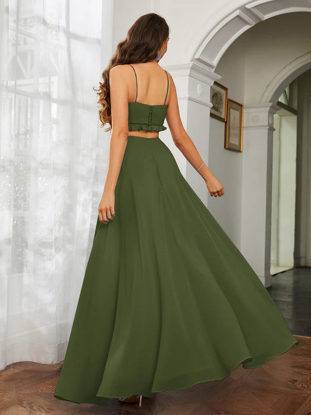 OKBBN thin shoulder strap ruffle edge chiffon hollow out ultra long sexy bridesmaid dress