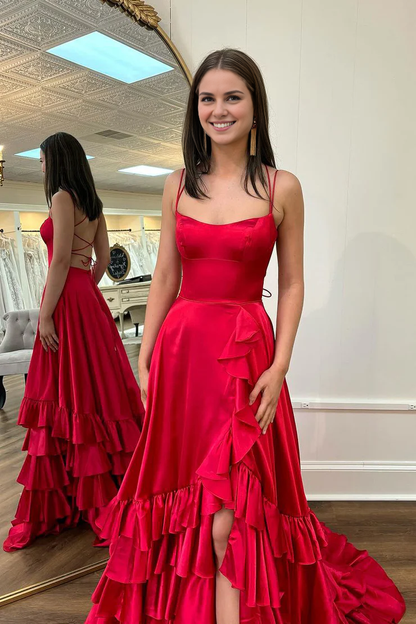 OKBBN A-line round neck ruffle satin long slit dance dress