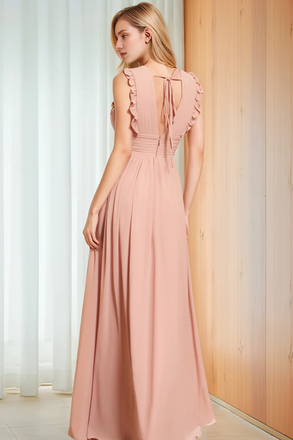 OKBBN Elegant A-line V-neck Strap Sleeveless Folded Ruffle Ball Dress