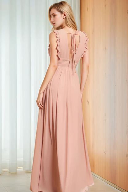 OKBBN Elegant A-line V-neck Strap Sleeveless Folded Ruffle Ball Dress